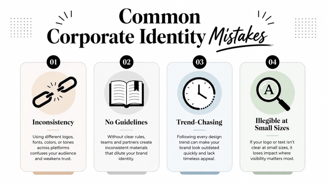 An infographic titled Common Corporate Identity Mistakes listing four key pitfalls including inconsistency, no guidelines, trend-chasing, and illegibility.