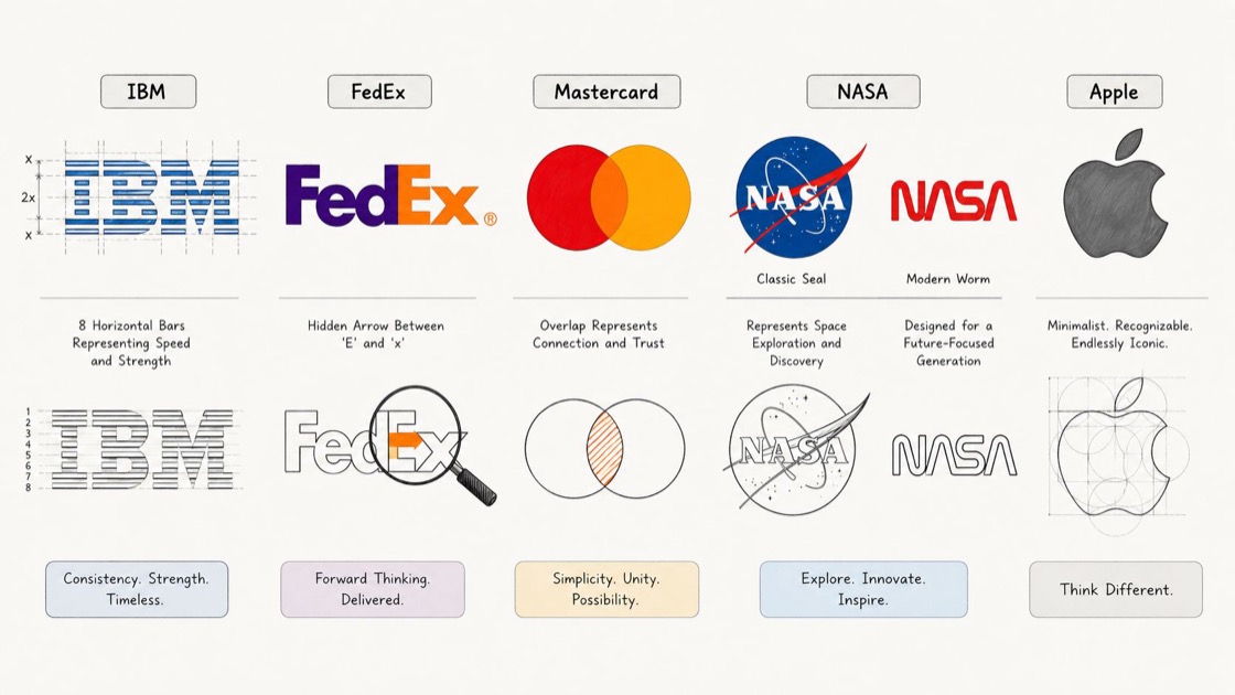 A design infographic explaining the hidden symbolism behind five famous corporate logos including IBM, FedEx, Mastercard, NASA, and Apple.