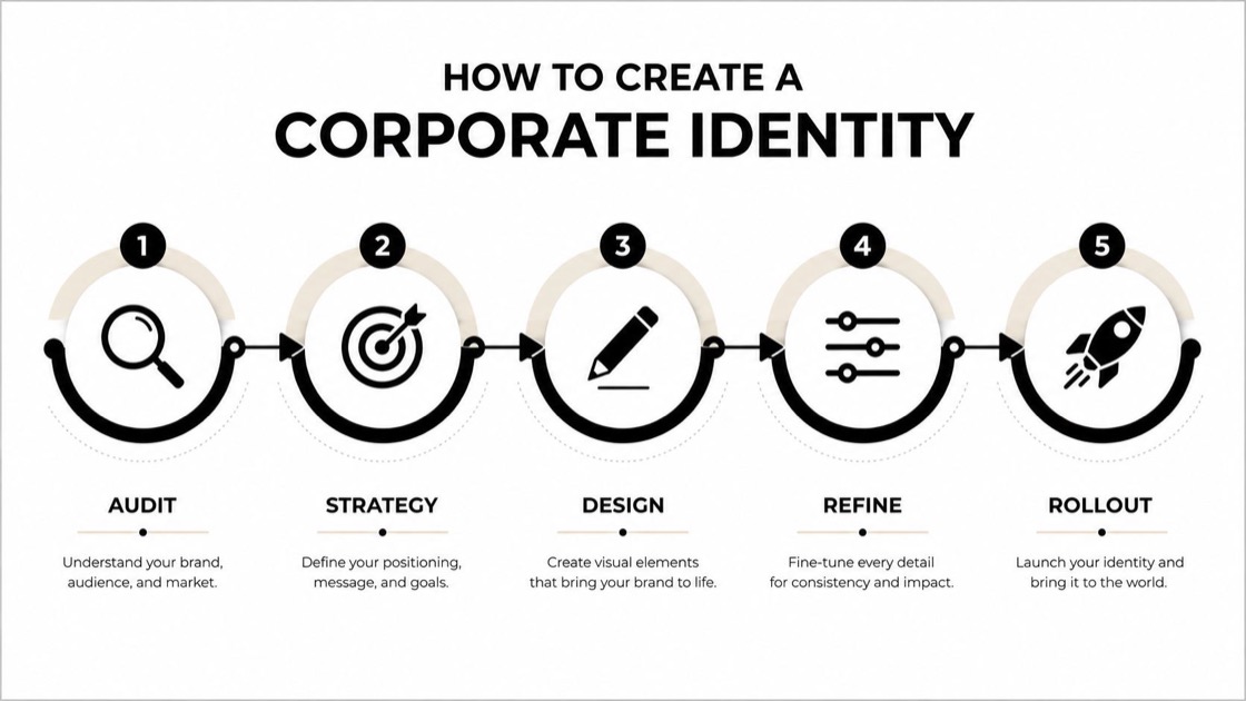 A five-step infographic showing the process of creating a corporate identity from audit to rollout.