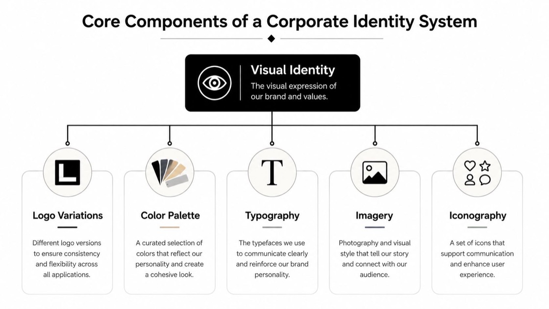 A diagram explaining the core components of a corporate visual identity system including logo, color, typography, imagery, and iconography.