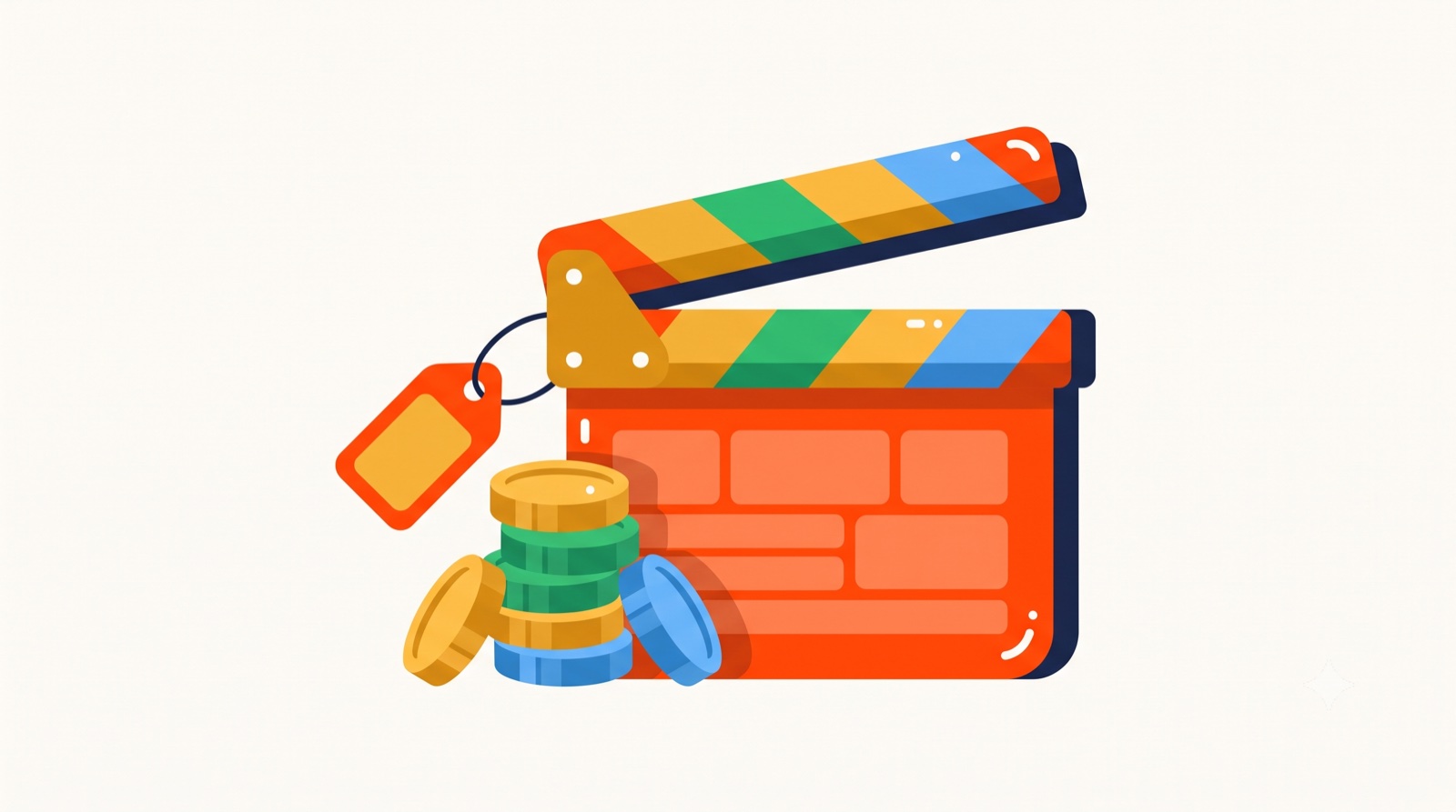 Flat illustration of a film clapperboard with a price tag and a stack of coins on a cream background