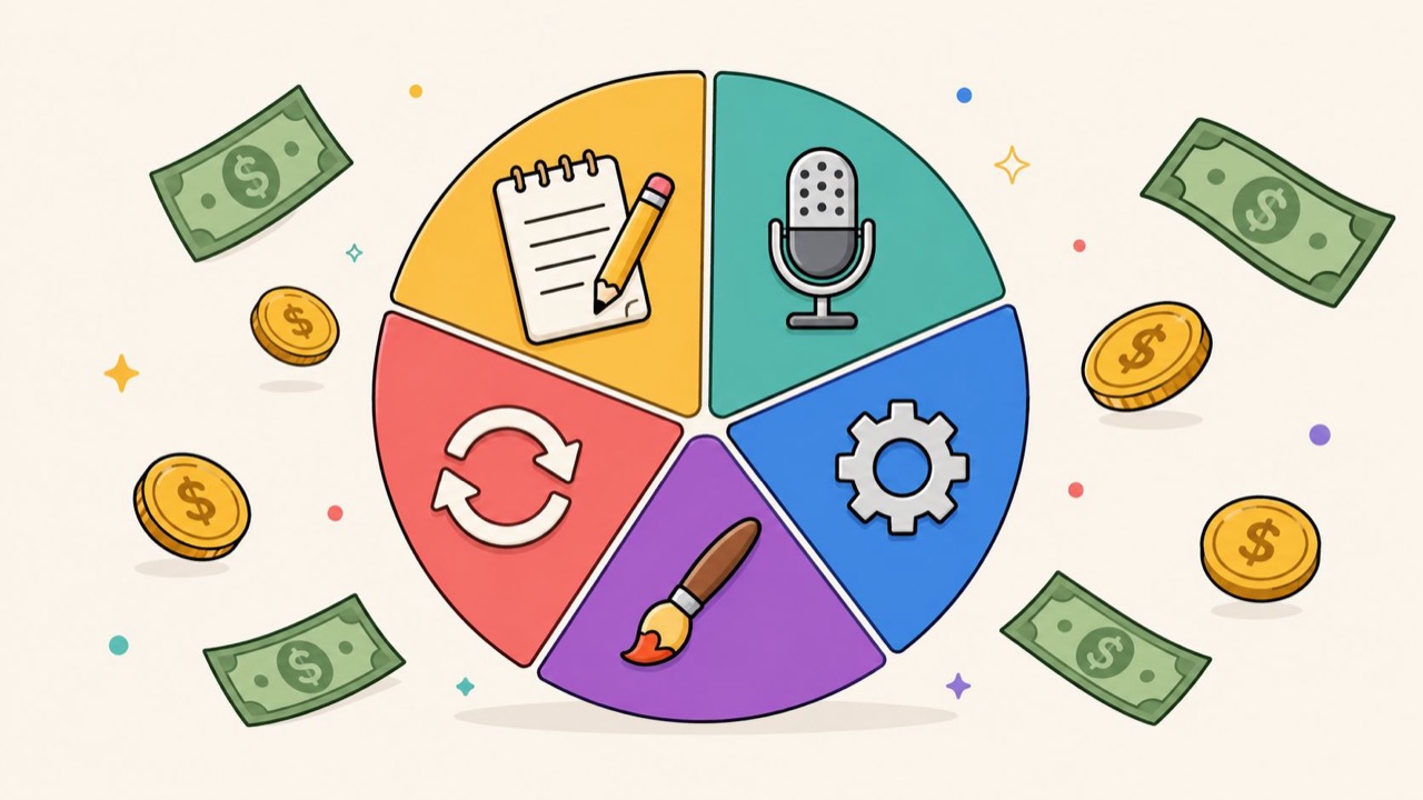 Illustration of the pieces that make up an explainer video budget, from script and voiceover to animation.