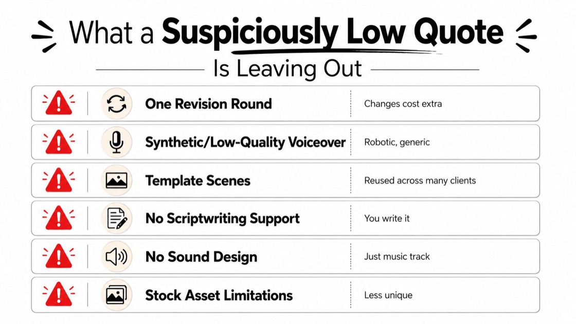 A chart highlighting six hidden disadvantages often included with suspiciously low-cost explainer video production quotes.