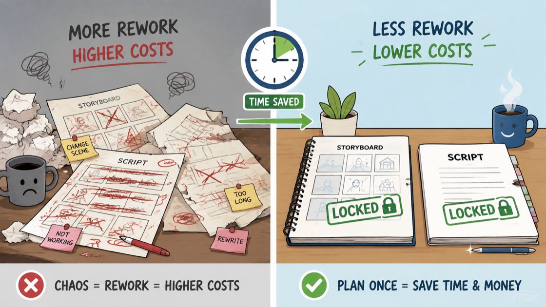 A comparison showing chaotic, unorganized production work leading to higher costs versus structured, planned, locked project workflows.