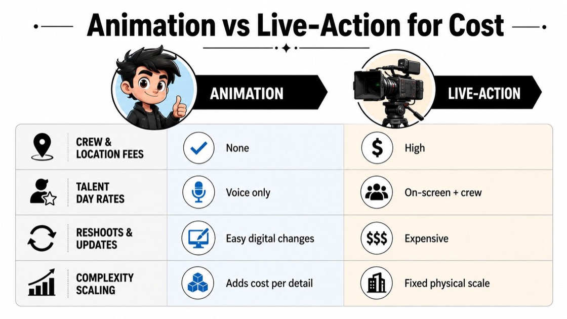A comparison chart showing how production costs differ between animation and live-action video creation projects.