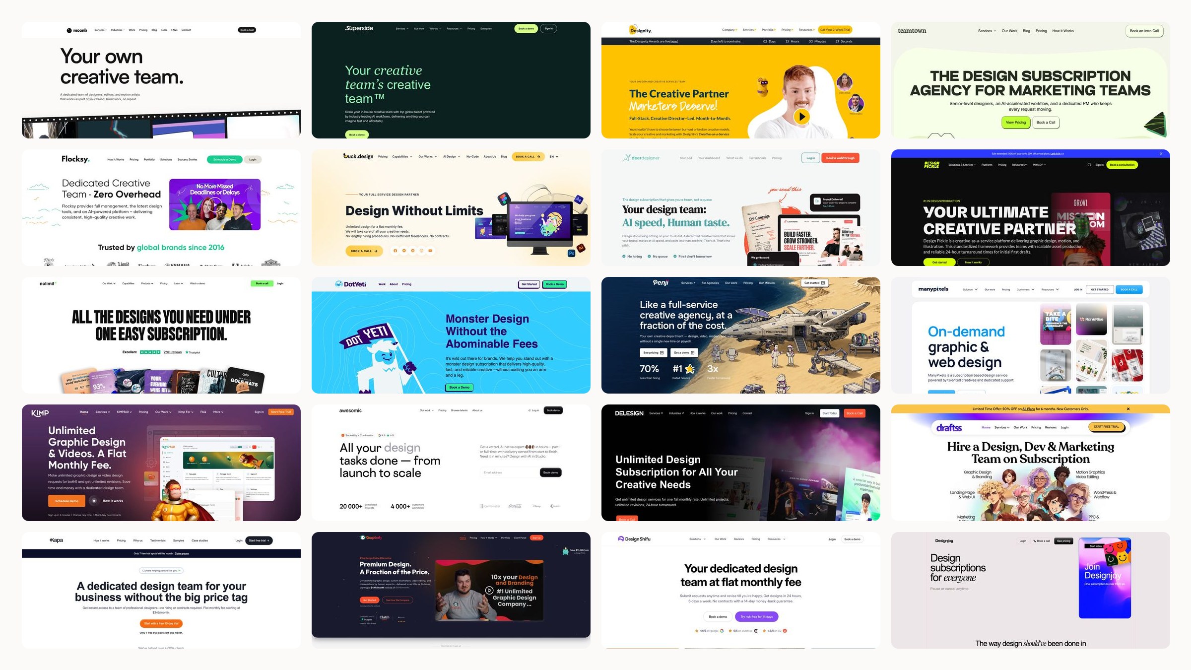 Grid of homepage screenshots from creative-as-a-service companies compared in this guide