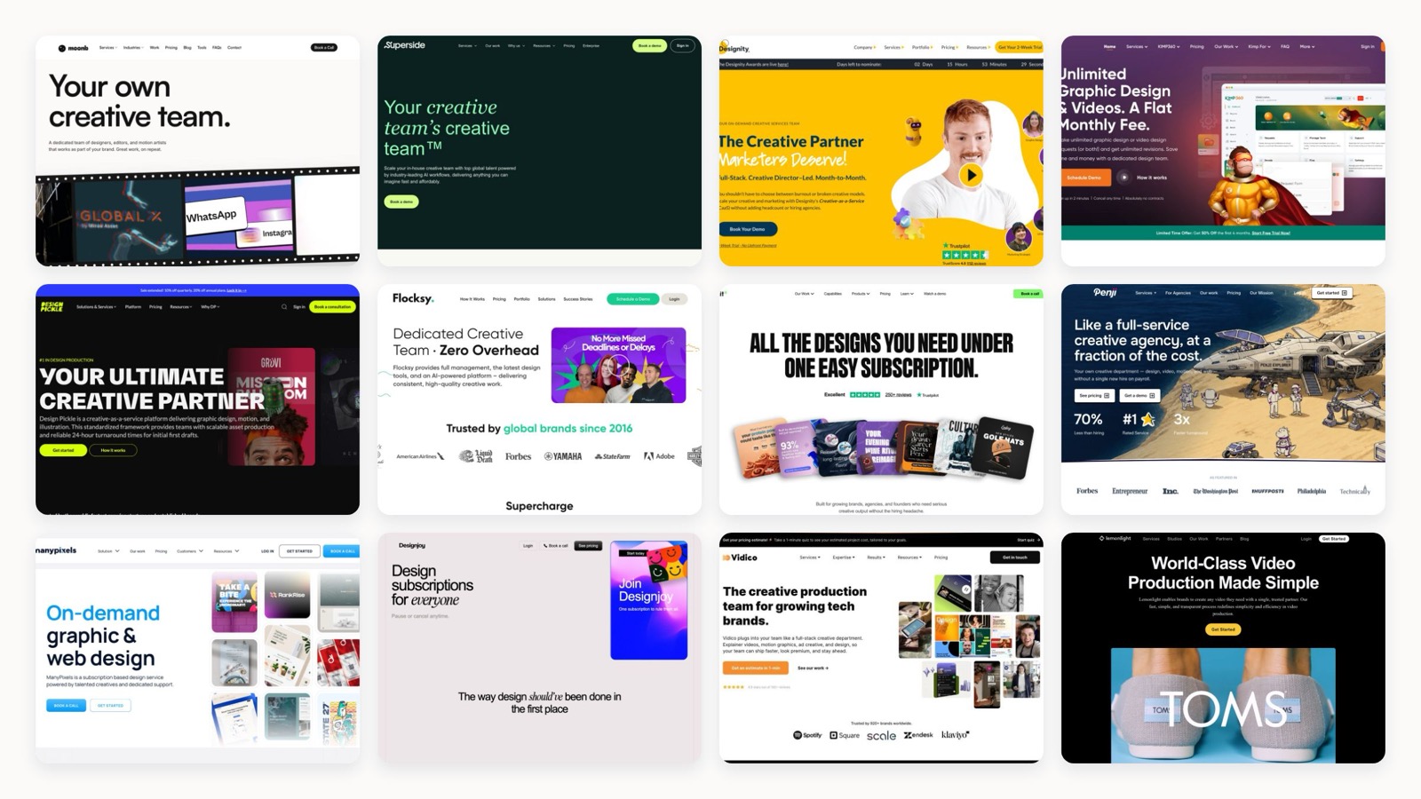 A collage of creative-as-a-service provider homepages.