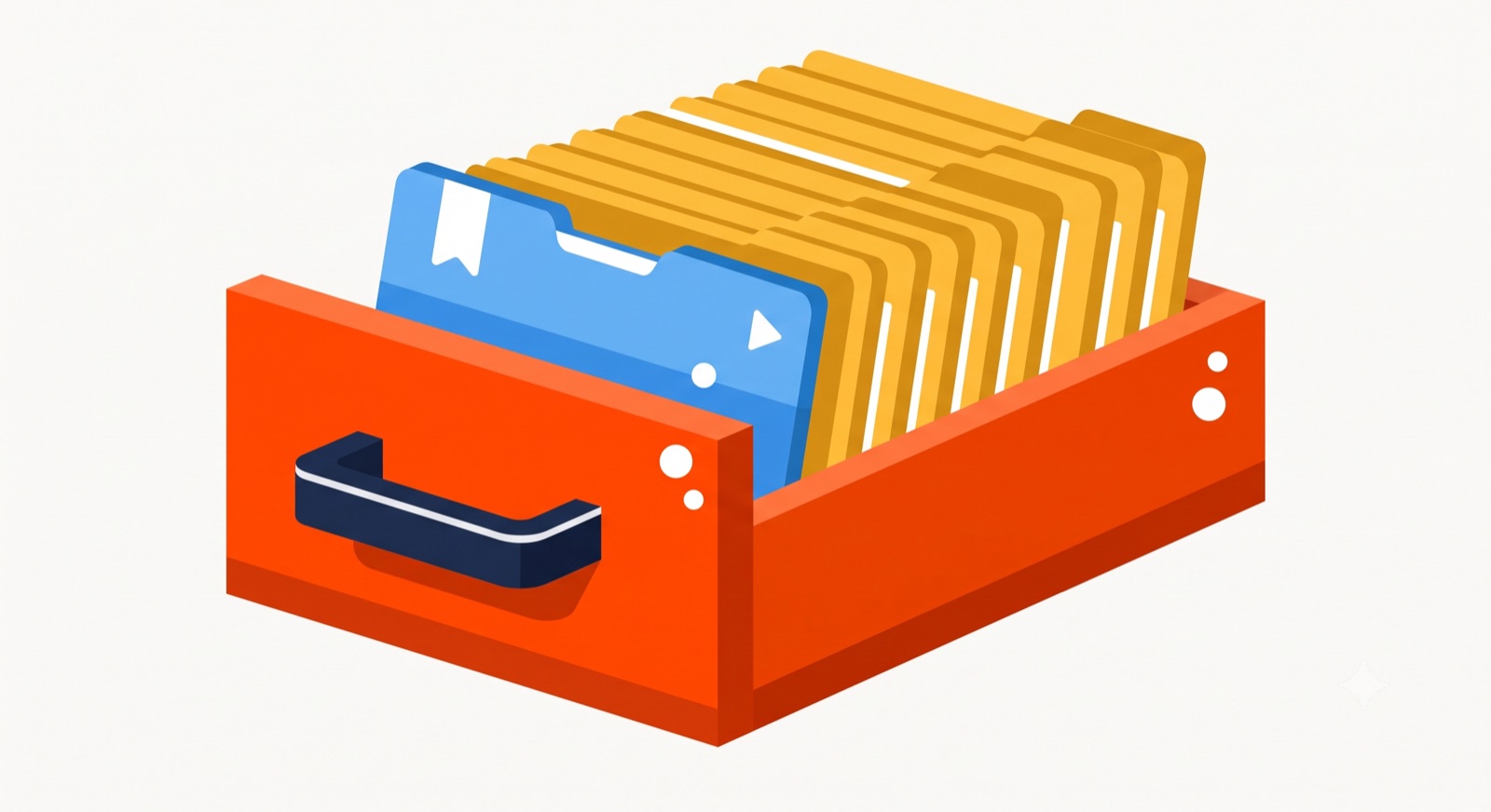 Flat illustration of an open library card-catalog drawer with upright index cards on a cream background