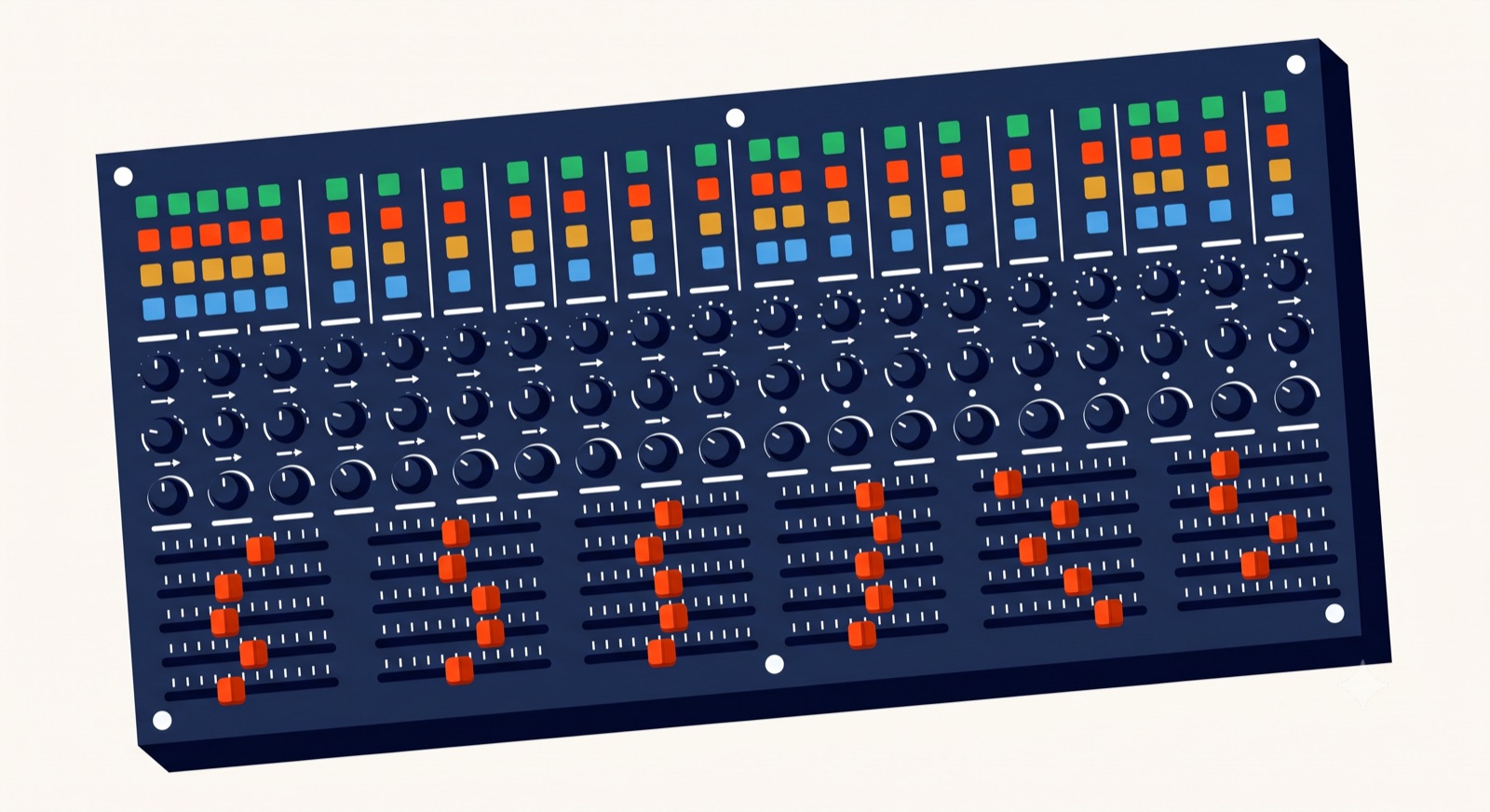 Flat illustration of a mission-control console panel with rows of sliders and status lights on a cream background