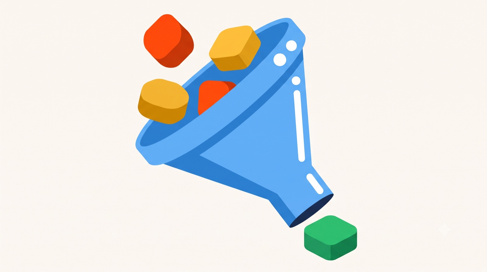 Flat illustration of a funnel sorting work items on a cream background
