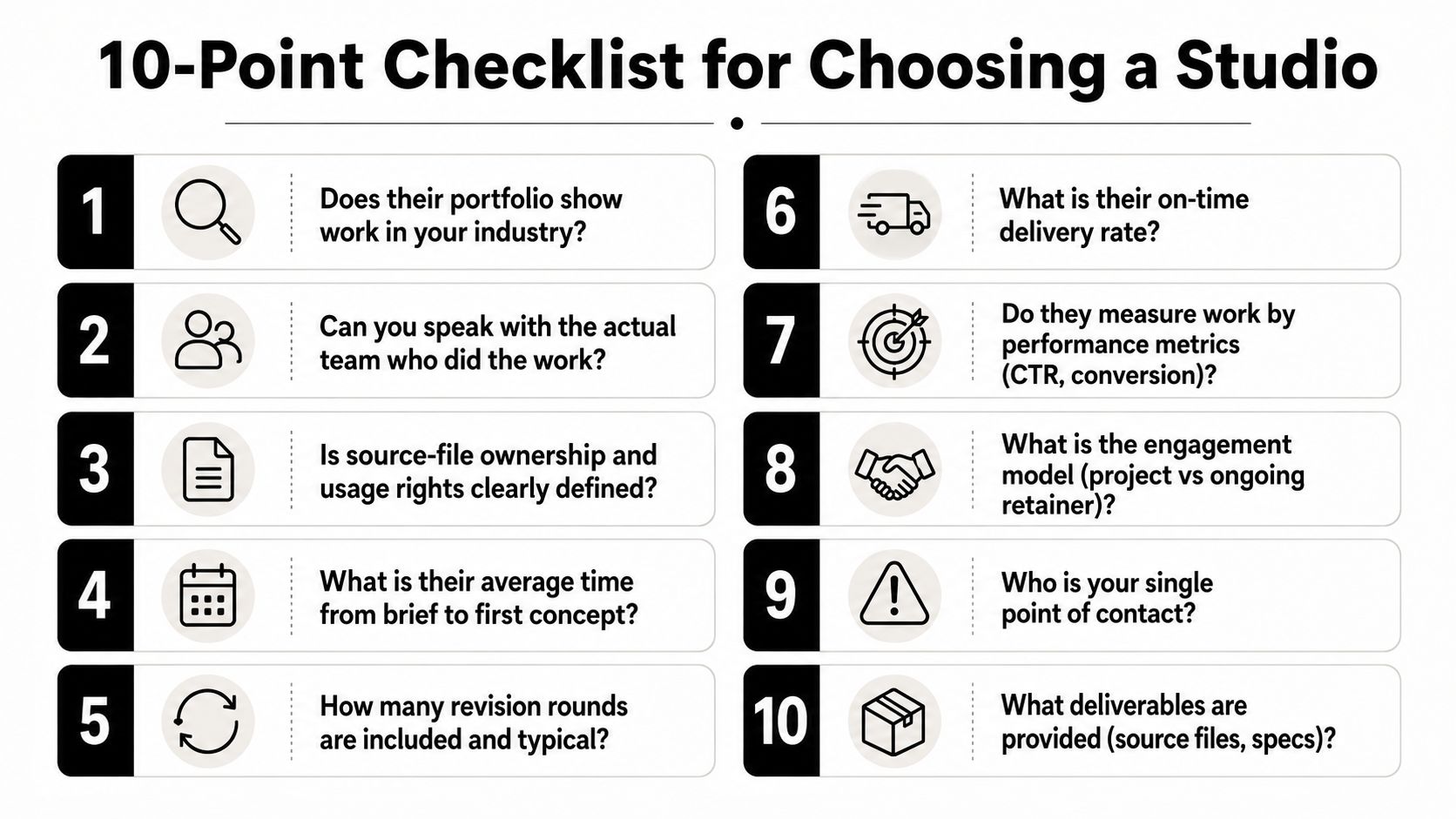 A 10-point checklist infographic guiding businesses on key questions to ask when choosing a creative studio.