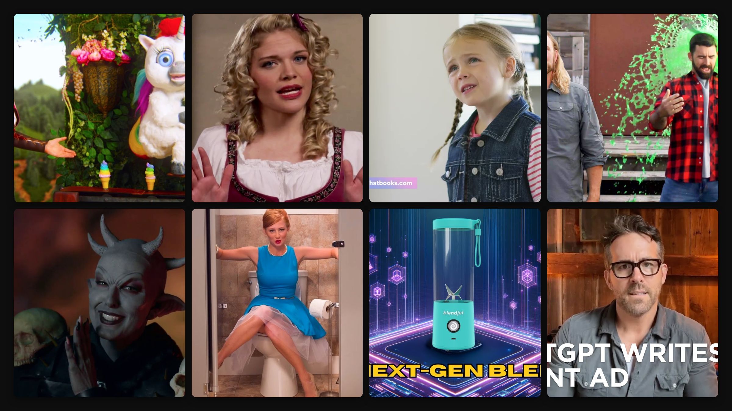 Grid of creative direct-to-consumer video ad stills
