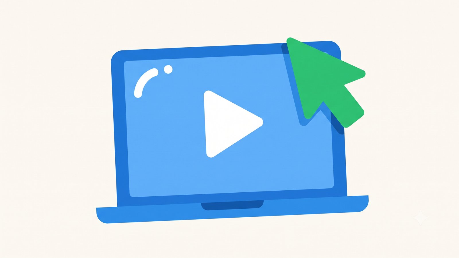 Flat illustration of a laptop with a play button and cursor