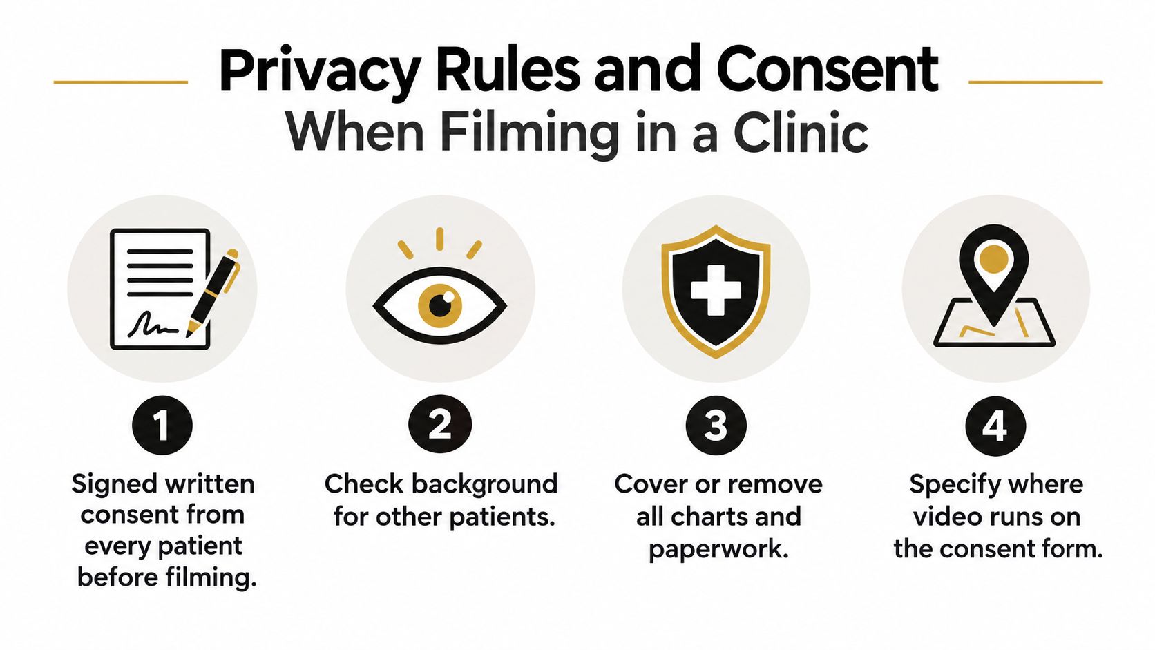 Four-step infographic on filming in a clinic: signed written consent from every patient before filming, check the background for other patients, cover or remove all charts and paperwork, and specify where the video runs on the consent form