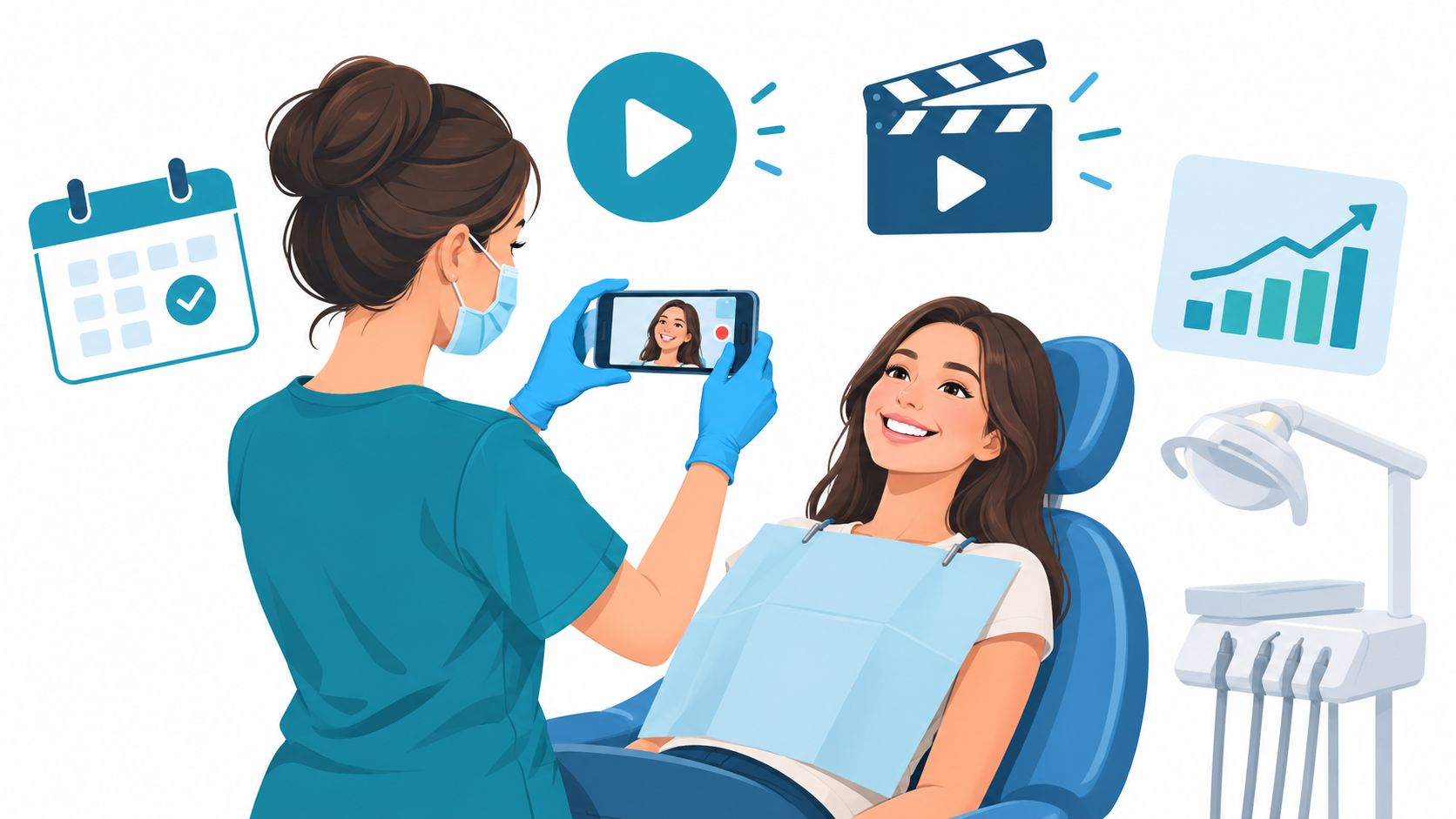 Illustration of a dental assistant in teal scrubs filming a smiling patient in the chair with a phone, with calendar, play button, clapperboard and growth chart icons around them