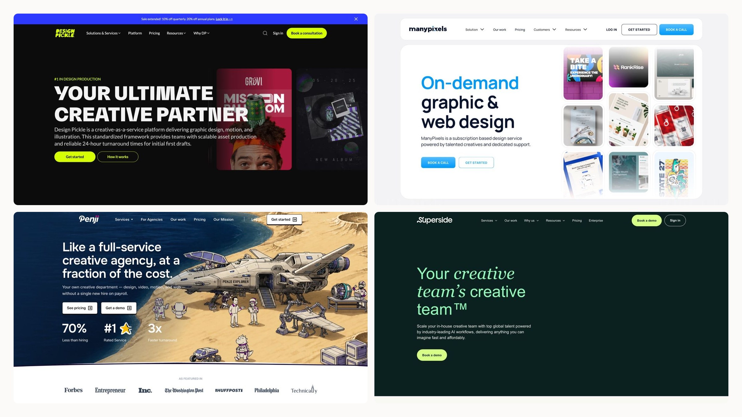 Grid of four homepage screenshots: Design Pickle, ManyPixels, Penji and Superside