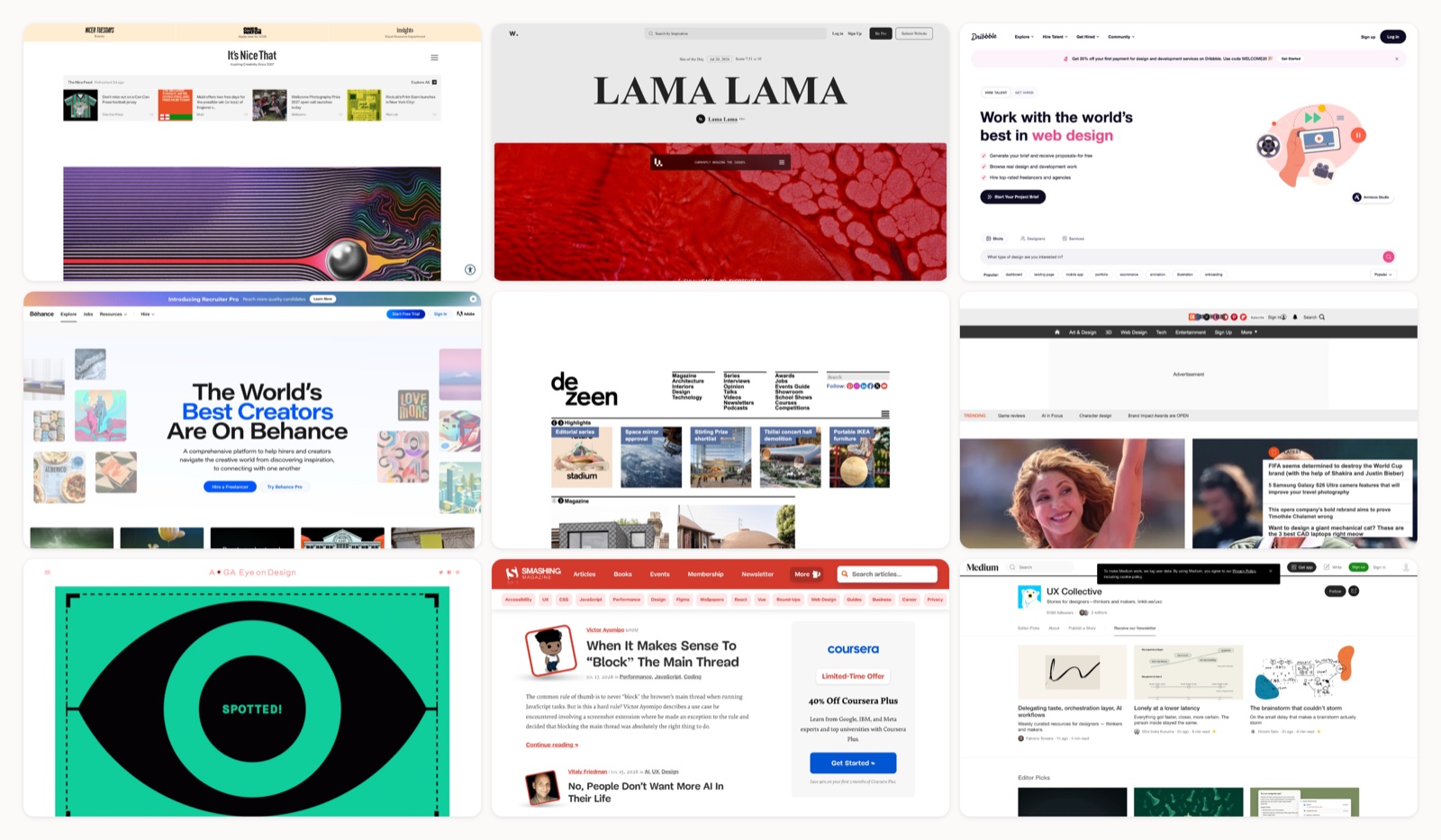 A grid of design trends and news homepages