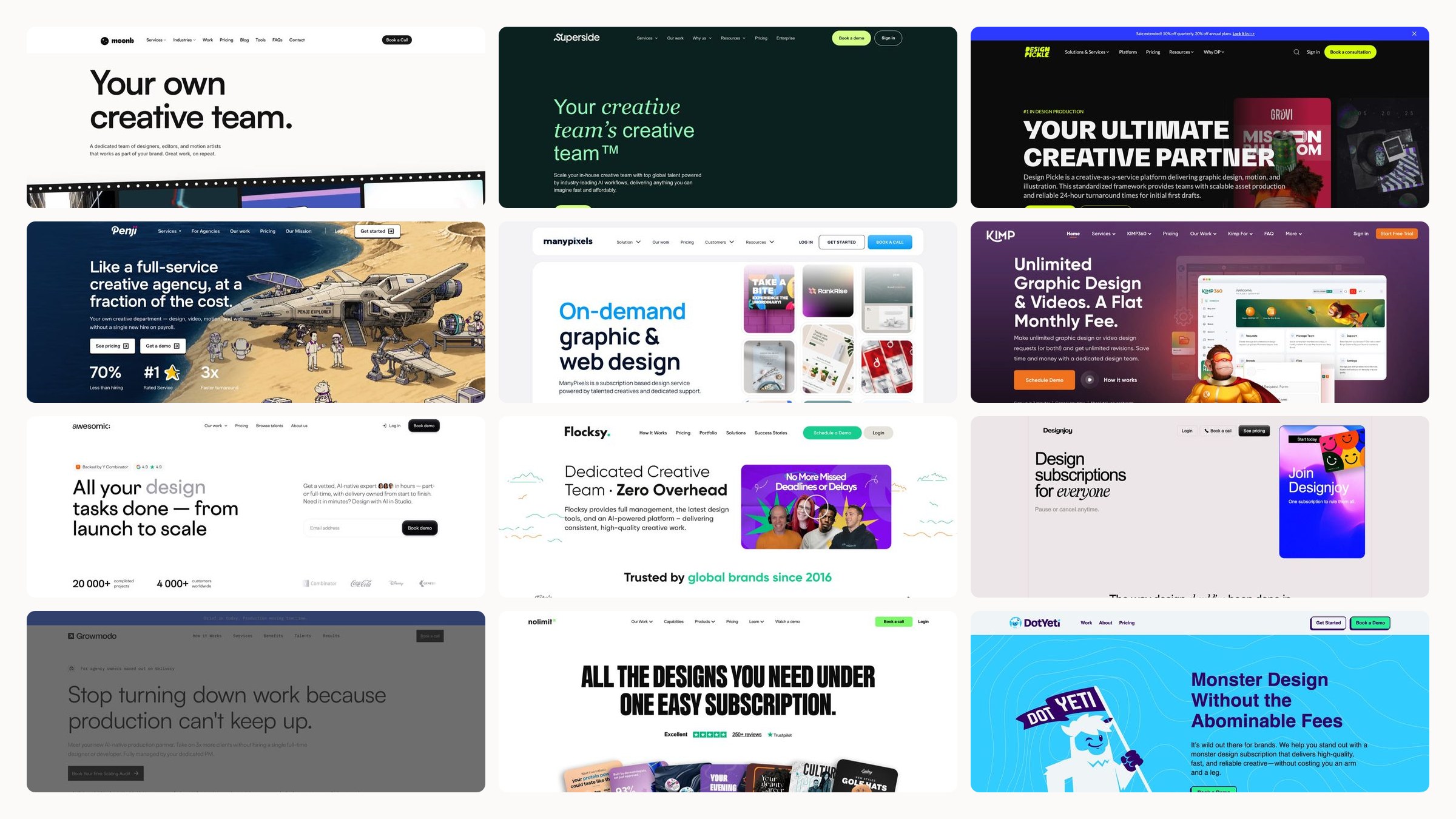 Grid of twelve homepage screenshots of Designity alternatives
