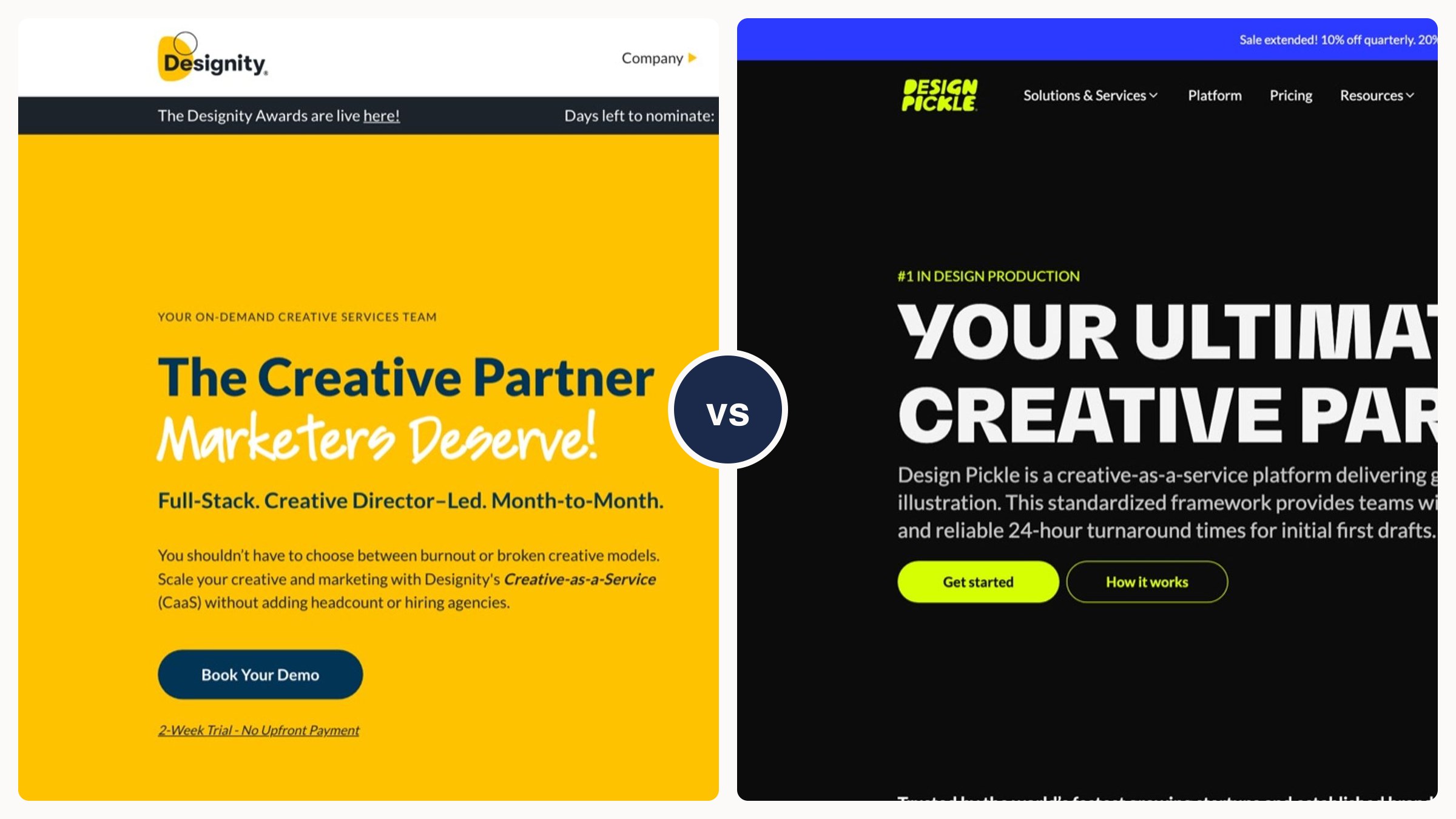 Split screenshot with the Designity homepage on the left and the Design Pickle homepage on the right