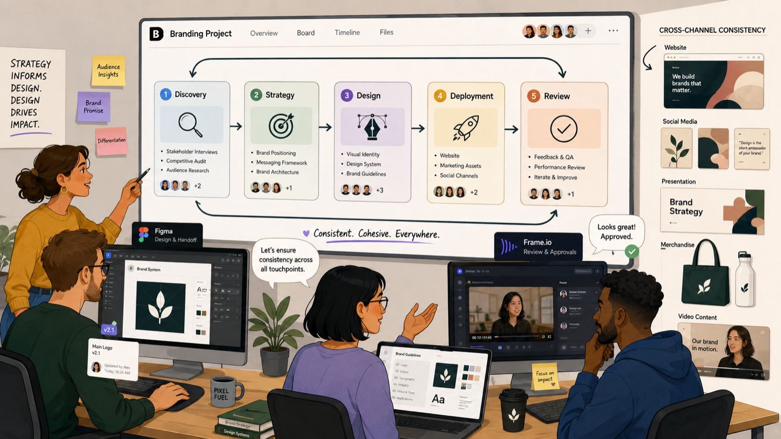A professional team collaborating on a digital branding project in a modern, creative studio office environment.