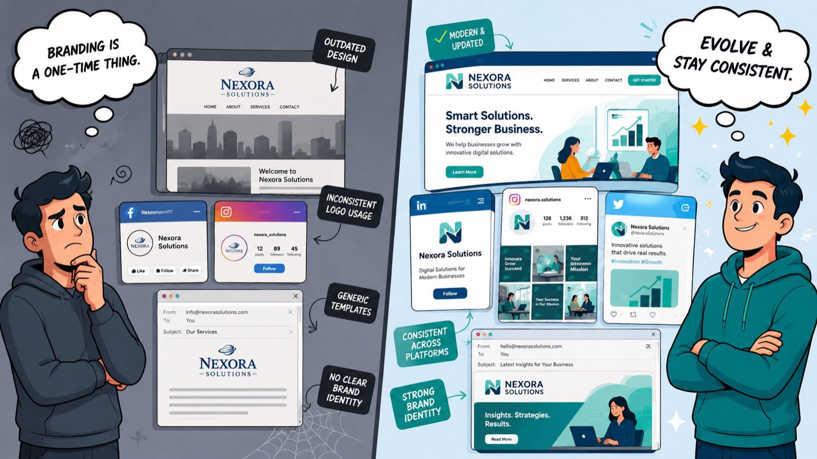 A comparison showing outdated digital branding versus a modern, consistent brand identity across various online platforms.