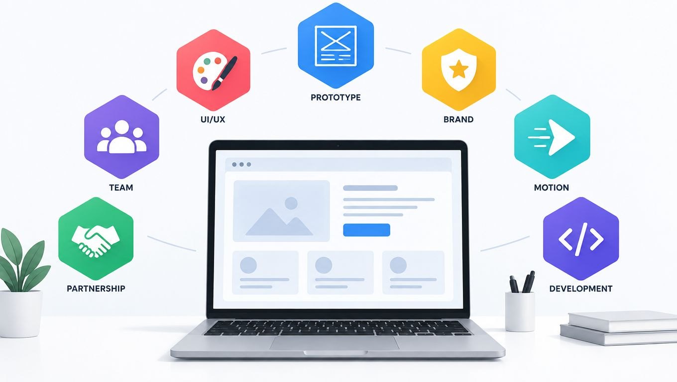 Illustration of a laptop showing a website wireframe, ringed by icons for UI/UX, prototype, brand, motion, development, team and partnership