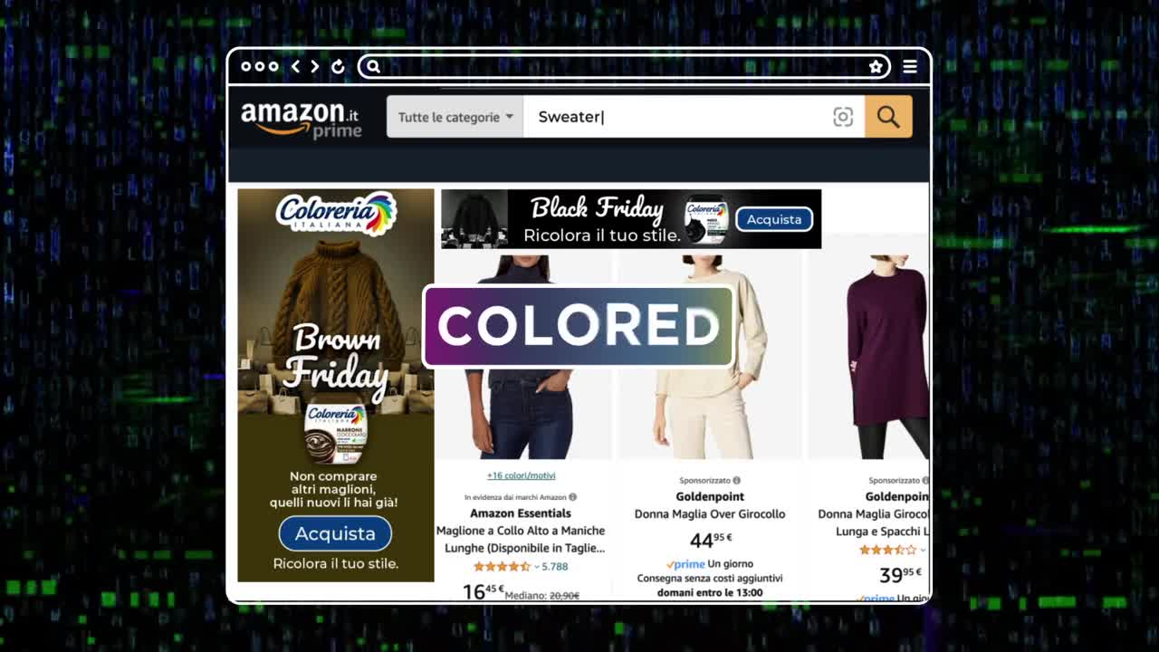 Frame from the Coloreria Italiana case film showing an Amazon Italy search for Sweater, with a vertical Coloreria banner reading Brown Friday next to the results and a Black Friday banner above them