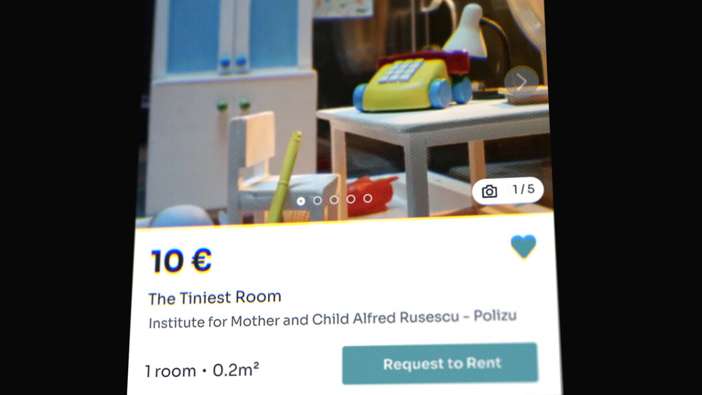 Property listing card for The Tiniest Room, priced at 10 euros, 1 room, 0.2 square meters, at the Institute for Mother and Child Alfred Rusescu Polizu, with a Request to Rent button and a photo of a tiny furnished room
