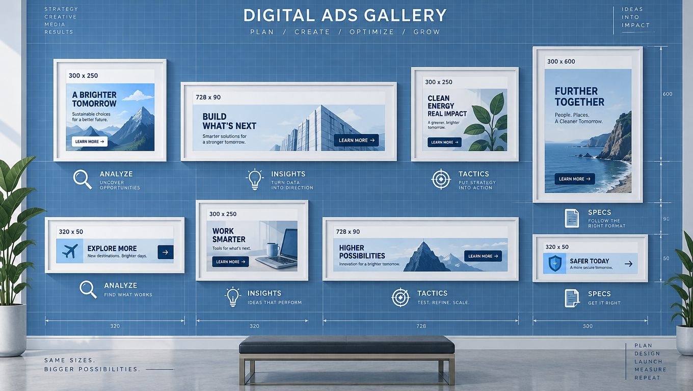 Flat illustration of a gallery wall of display ad mockups labeled with standard sizes such as 300 x 250, 728 x 90, 320 x 50 and 300 x 600