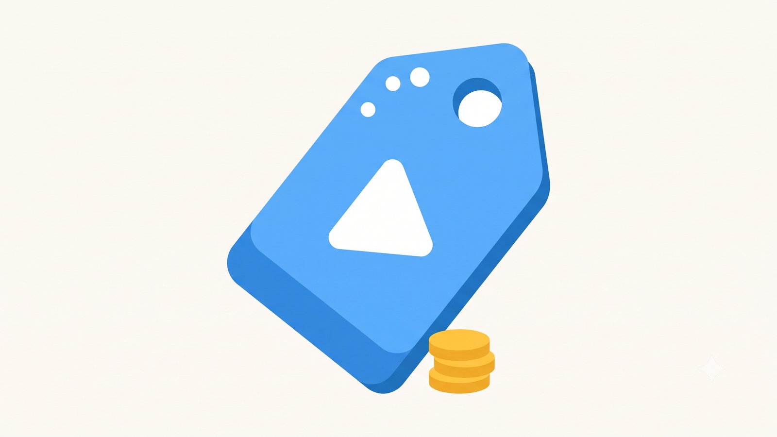 Flat illustration of a price tag with a play button and a stack of coins
