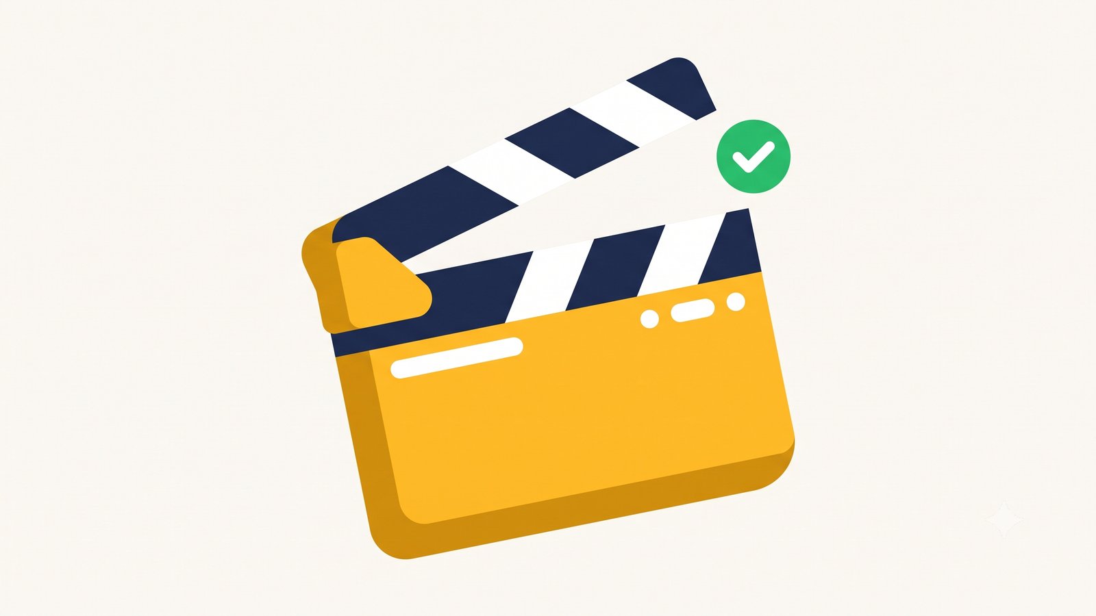 Flat illustration of an open film clapperboard with a green check mark
