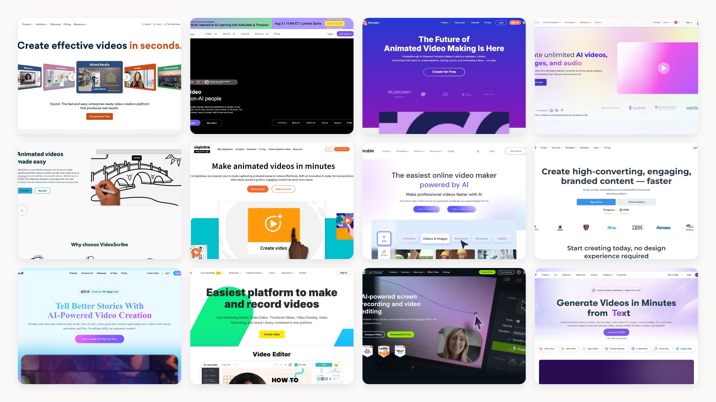 Collage of twelve leading explainer video software homepages