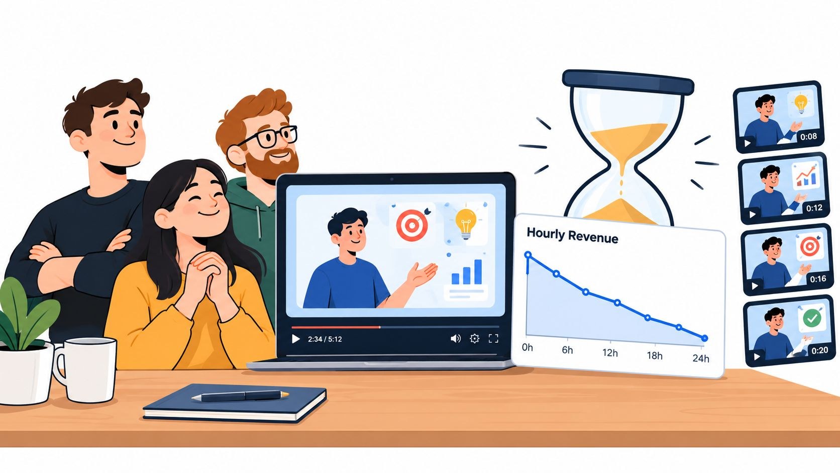 A team watching an explainer video on a laptop next to an hourglass and a falling revenue chart