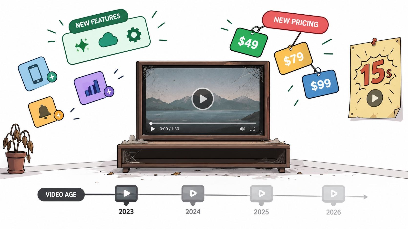 An old television showing a paused explainer surrounded by new feature icons, new price tags and a video age timeline