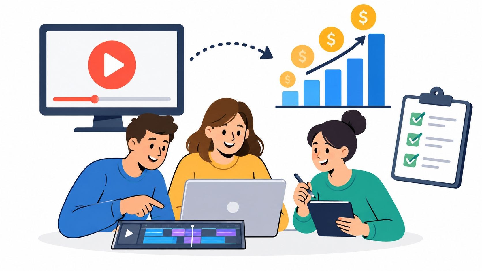 Three marketers reviewing an explainer video edit beside a rising revenue chart and a checklist