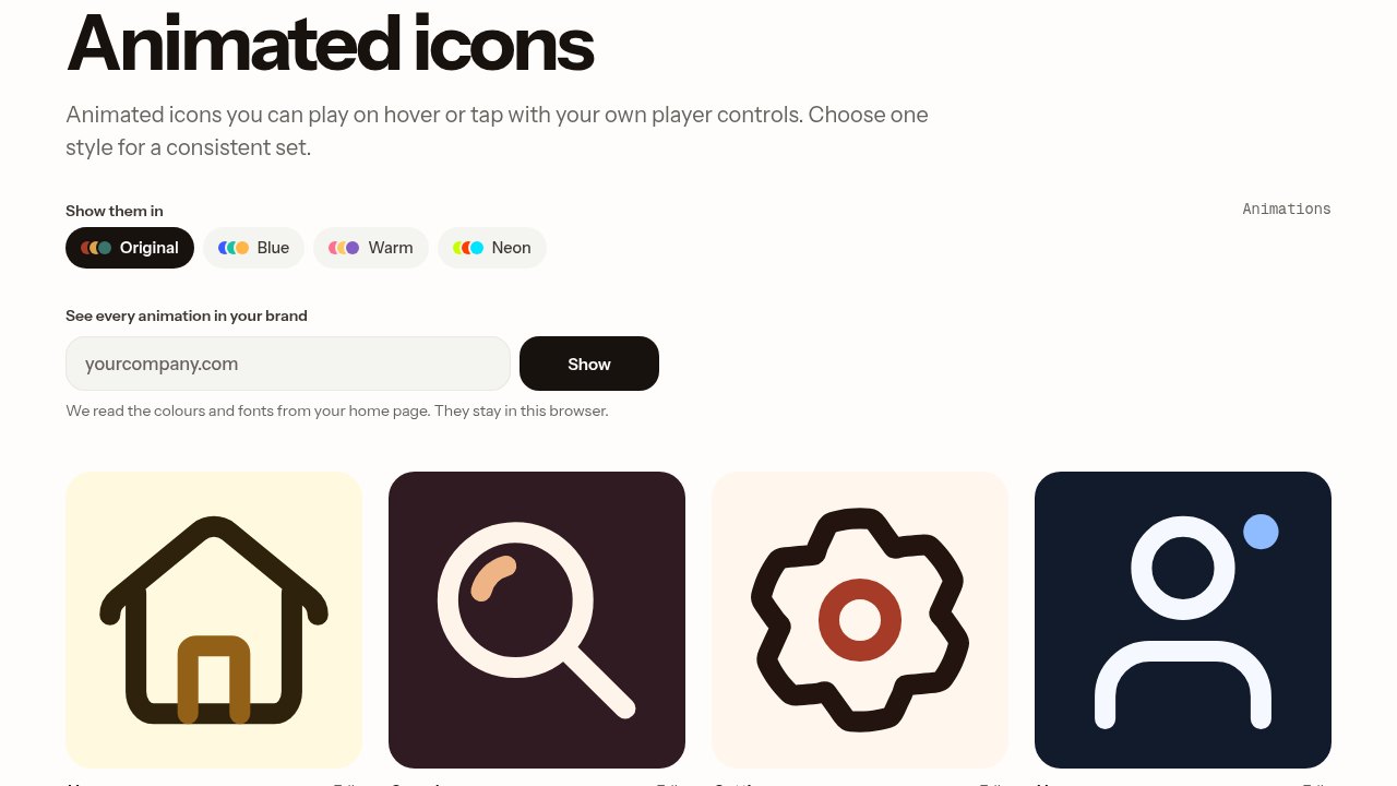 Mosso animated icons library page with Original, Blue, Warm and Neon palette buttons above home, search, settings and user icons