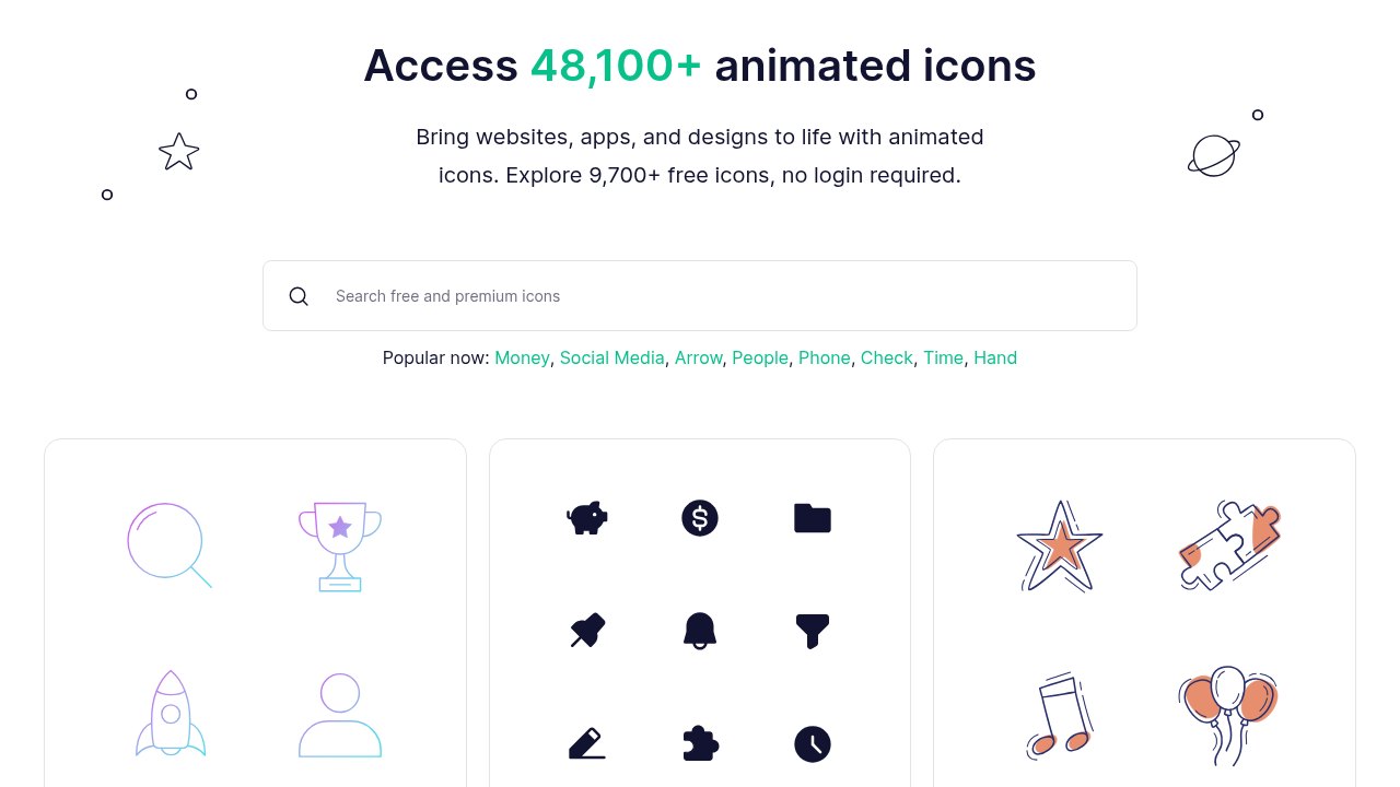 Lordicon homepage with the headline Access 48,100 plus animated icons above cards of icons in three different styles