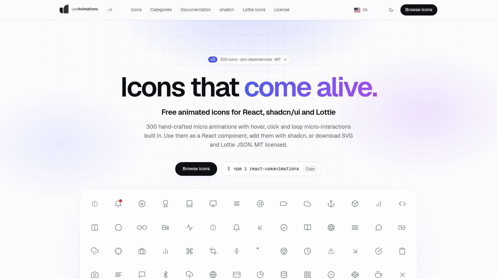 useAnimations homepage with the headline Icons that come alive above a grid of animated line icons
