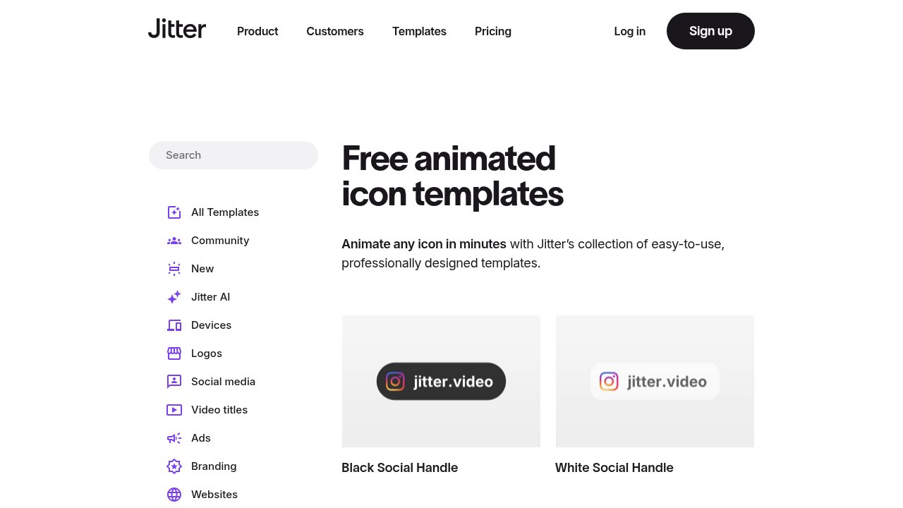 Jitter free animated icon templates page with Black and White Social Handle templates