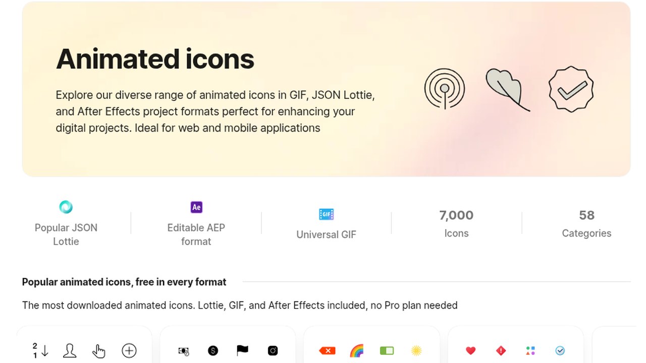Icons8 animated icons page listing JSON Lottie, editable AEP and GIF formats