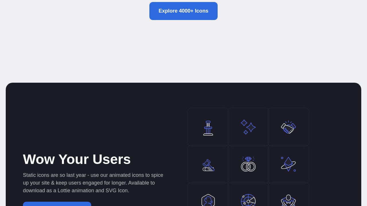 Animated Icons homepage showing line icons on a dark panel under the Explore 4000 plus Icons button