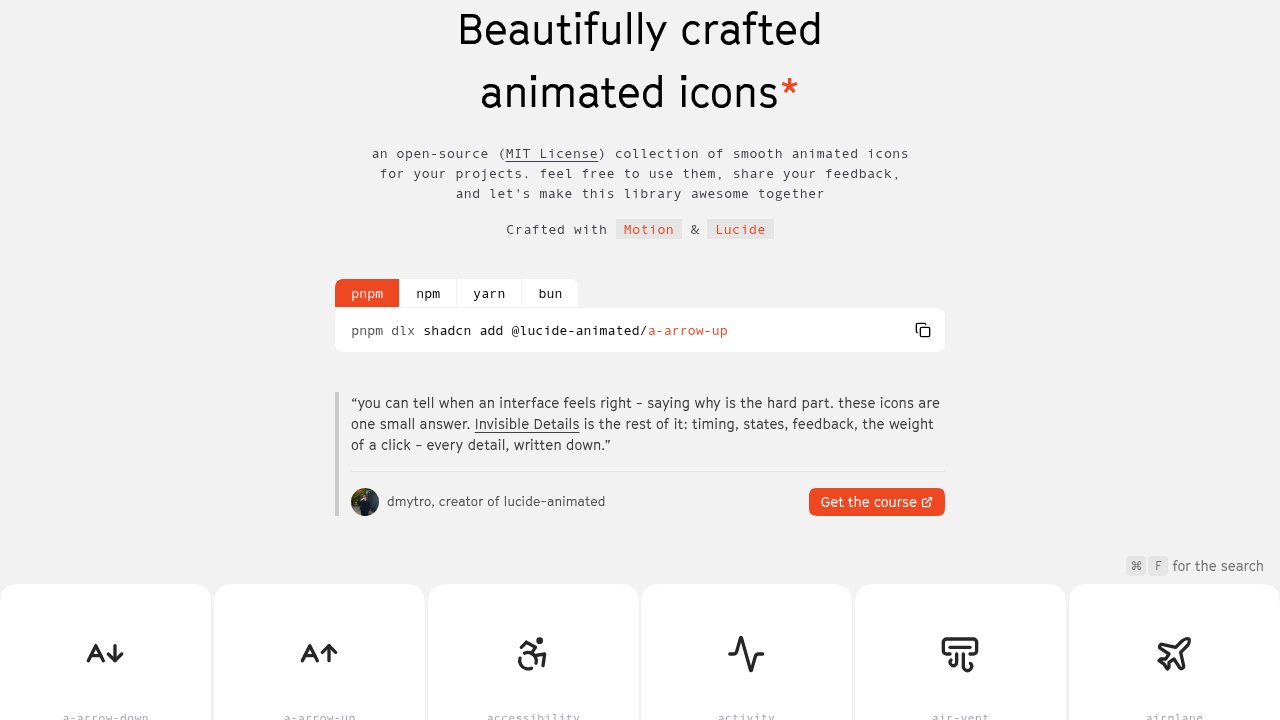 lucide-animated homepage with the headline Beautifully crafted animated icons and a grid of Lucide icons