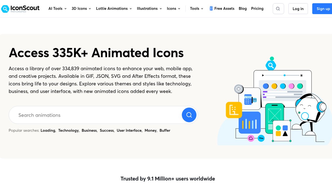 IconScout animated icons page headline Access 335K plus Animated Icons with a search bar and illustration
