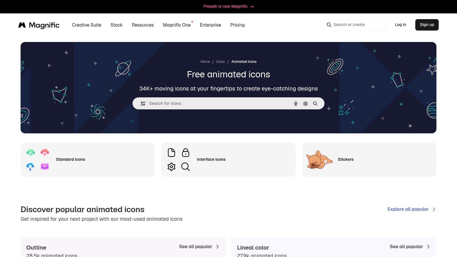 Magnific free animated icons page, formerly Freepik, with 34K plus moving icons and categories