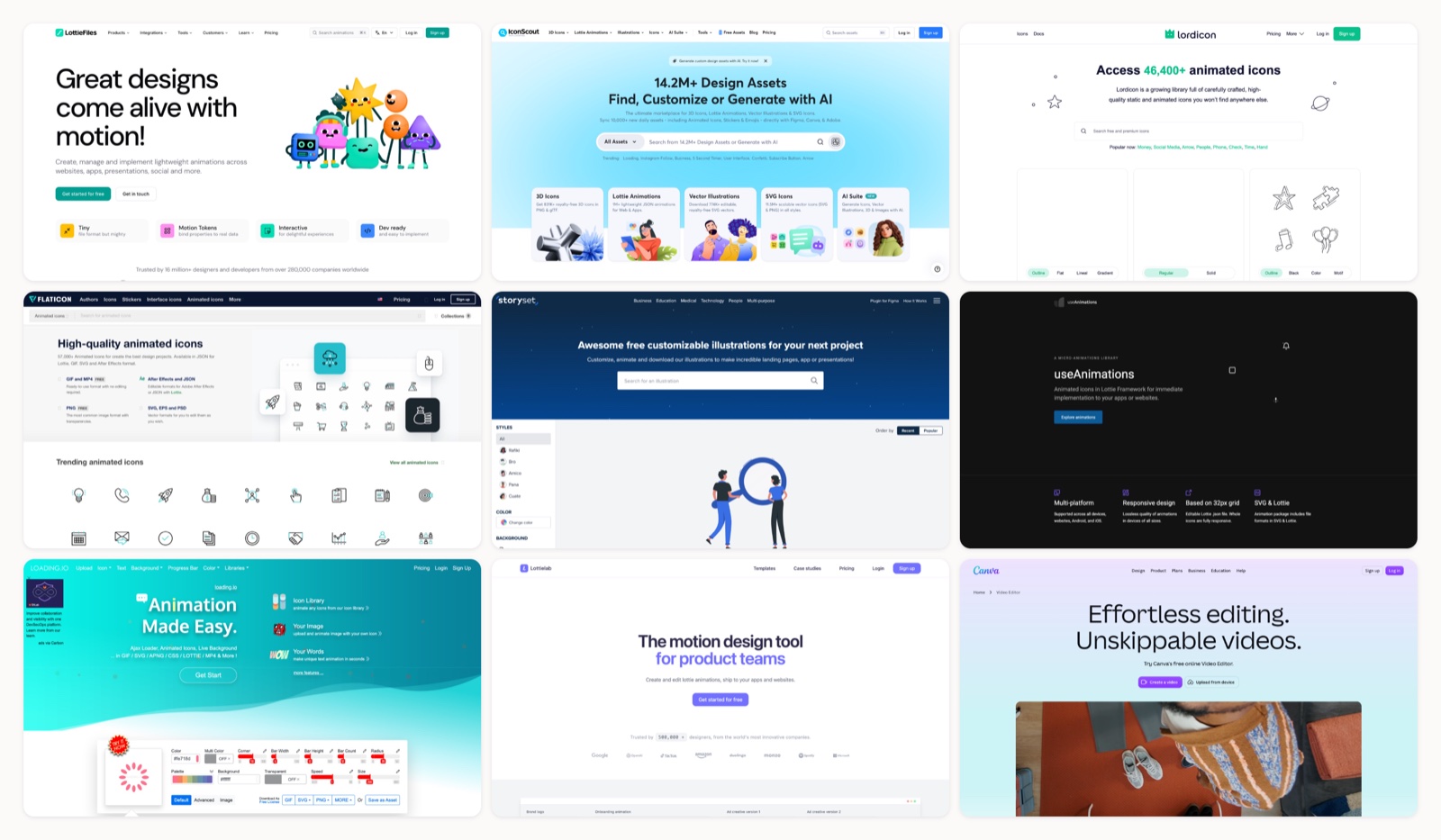 A grid of free lottie animations homepages