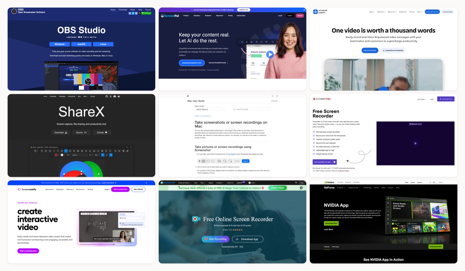A grid of free screen recording tools homepages