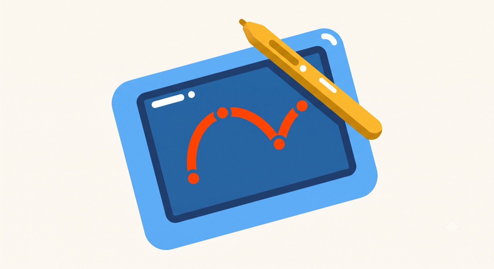 Flat illustration of a pen tablet with a keyframe arc