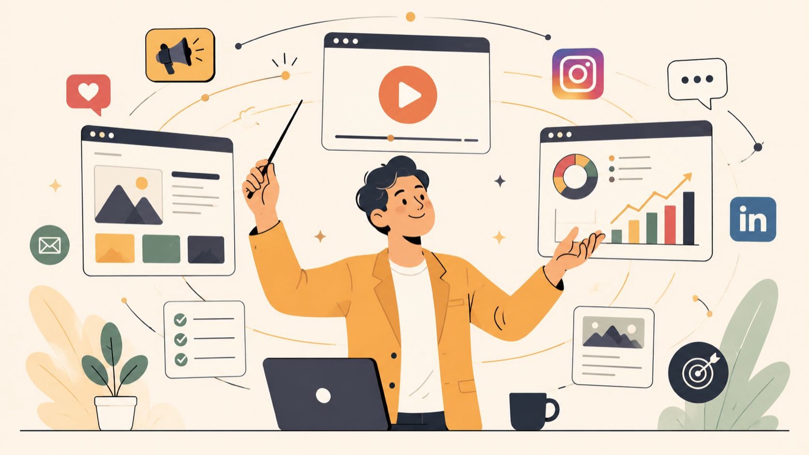 A professional digital marketing expert directing various social media and analytical data visual elements.