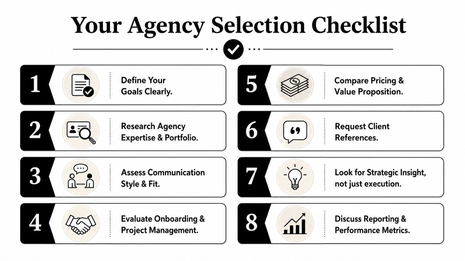 A checklist infographic titled Your Agency Selection Checklist detailing eight numbered steps for choosing a marketing agency.