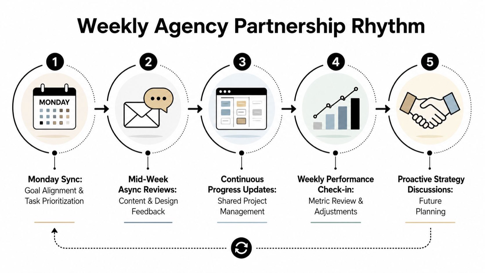 A five-step weekly partnership rhythm diagram for managing a full-service marketing agency workflow effectively.